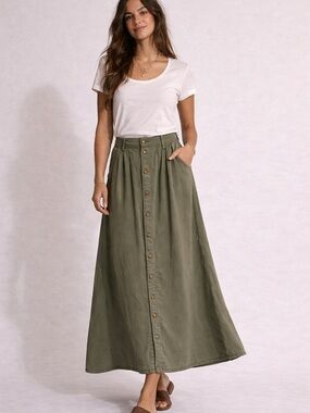 Pistola Olive Green Tencel Button Front Midi Skirt Size Small Utility Boho